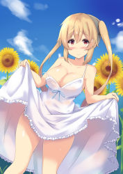 Rule 34 | 1girl, absurdres, areola slip, blush, breasts, cleavage, clothes lift, collarbone, day, dress, dress lift, flower, frilled dress, frills, highres, kantai collection, large breasts, light brown hair, long hair, looking at viewer, murasame (kancolle), off shoulder, outdoors, purunyara, red eyes, sidelocks, smile, solo, standing, sundress, sunflower, twintails, upper body, very long hair, white dress