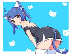 Rule 34 | 1girl, ahoge, animal ears, animal print, armband, beatus creation, black dress, blue background, border, bow, cat ears, cat girl, cat print, cat tail, commentary, cougar (cougar1404), cowboy shot, dress, from behind, halterneck, hands on own thighs, leaning forward, looking at viewer, looking back, outside border, short dress, short hair, sidelocks, solo, standing, symbol-only commentary, tail, tail bow, tail ornament, thighhighs, toni (beatus creation), twintails, white border, white bow, white thighhighs