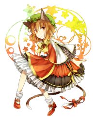Rule 34 | 1girl, adapted costume, animal ears, brown eyes, brown hair, cat ears, cat girl, cat tail, chen, earrings, female focus, frills, hat, jewelry, mary janes, multiple tails, ribbon, sachikan, shoes, socks, solo, tail, tail ornament, tail ribbon, touhou, white socks