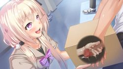 Rule 34 | 1girl, blonde hair, blush, bow, bowtie, box, breasts, censored, cum, cum on hands, game cg, h de hajimaru share house, handjob, indoors, long hair, looking at another, mashiro rina, mochizuki nozomu, mosaic censoring, naughty face, open mouth, original, penis, purple eyes, school, school uniform, shoes, small breasts, smile, sneakers, solo focus, standing, stealth sex, twintails, upper body, x-ray