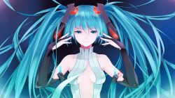 Rule 34 | 1girl, absurdres, aqua hair, bad id, bad pixiv id, bare shoulders, breasts, bridal gauntlets, center opening, hatsune miku, hatsune miku (append), highres, long hair, nail polish, necktie, settyaro, smile, solo, tattoo, twintails, vocaloid, vocaloid append