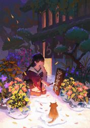 Rule 34 | 1girl, animal, black hair, brown footwear, building, cat, closed mouth, commentary request, earrings, flower, hand up, highres, holding, holding paintbrush, japanese clothes, jewelry, kimono, long hair, long sleeves, looking at viewer, original, paintbrush, petals, purple flower, red eyes, red flower, red kimono, solo, squatting, tree, usagino suzu, very long hair, wide sleeves, yellow flower