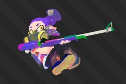 Rule 34 | 1boy, boots, full body, gas mask, gun, holding, holding weapon, ink tank (splatoon), inkling player character, male focus, mask, md5 mismatch, nintendo, official art, pointy ears, purple hair, resized, solo, splatoon (series), splatoon 2, tentacle hair, weapon, yellow eyes