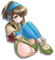 Rule 34 | 1girl, belt, blue thighhighs, brown capelet, brown eyes, brown hair, capelet, closed mouth, dress, elbow gloves, gloves, green dress, green footwear, green gloves, high ponytail, kate (shining force), looking at viewer, panties, pantyshot, pointy ears, shining (series), shining force iii, shoes, short dress, short hair, simple background, sitting, smile, solo, thighhighs, umehime, underwear, white background, white panties