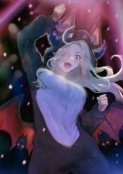Rule 34 | animal costume, arms up, bat wings, blonde hair, blue eyes, blue horns, dancing, demon girl, grin, guardian tales, hair over one eye, highres, horns, long hair, nashinoro kikuri, noble succubus bianca, official alternate costume, open mouth, red wings, smile, solo focus, wings