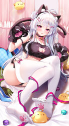 Rule 34 | 1girl, absurdres, ahoge, animal ears, animal hands, arm strap, ass, azur lane, bare shoulders, bell, black bra, black choker, black hairband, black panties, bra, braid, braided bun, breasts, cat cutout, cat ears, cat lingerie, cat tail, choker, cleavage, cleavage cutout, clothing cutout, commission, cygnet (azur lane), double bun, embarrassed, fake animal ears, fake tail, feet, frilled bra, frills, gloves, hair bun, hair ornament, hairband, hairclip, hands up, hecha (01964237), highres, jingle bell, large breasts, long hair, looking at viewer, manjuu (azur lane), meme attire, no shoes, open mouth, panties, paw gloves, pink eyes, pixiv commission, ribbon choker, side-tie panties, skindentation, solo, string panties, tail, thighhighs, thighs, toes, underwear, underwear only, very long hair, white hair, white thighhighs