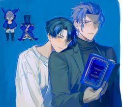 Rule 34 | 2boys, ace attorney, animal, ato (ml cc g), barok van zieks, black hair, black sweater, blue background, book, cat, closed eyes, grey hair, hat, head on another&#039;s shoulder, highres, holding, holding book, hood, hood up, jacket, kazuma asogi, looking at viewer, male focus, multiple boys, scar, scar on face, sweater, symbol-only commentary, the great ace attorney, top hat, upper body, white sweater