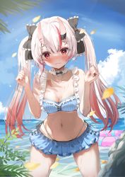 Rule 34 | 1girl, absurdres, bare shoulders, bikini, blush, bra, breasts, cleavage, collarbone, commentary request, frilled bikini, frilled skirt, frills, hair ribbon, highres, hololive, horns, keesuke (kkosyoku), legs, long hair, medium breasts, midriff, multicolored hair, nakiri ayame, nakiri ayame (hololive summer 2019), narrow waist, navel, neck ribbon, ocean, oni, red eyes, ribbon, skin-covered horns, skirt, streaked hair, summer, swimsuit, twintails, two-tone hair, underwear, virtual youtuber, wet