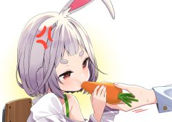 Rule 34 | 1girl, 1other, anger vein, blush, carrot, chair, cheek bulge, ear down, feeding, food, gradient background, hair intakes, highres, holding, holding food, medium hair, motto notto, notched ear, original, rabbit ears, rabbit girl, red eyes, silver hair, thick eyebrows