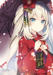 Rule 34 | 1girl, ameshizuku natsuki, blue eyes, closed mouth, commentary request, fate/grand order, fate (series), floral print, flower, frilled umbrella, frills, gradient background, grey background, hair flower, hair ornament, holding, holding umbrella, japanese clothes, kimono, long hair, long sleeves, marie antoinette (fate), obi, print kimono, red flower, red kimono, sash, signature, silver hair, smile, solo, twintails, umbrella, upper body, very long hair, white background, white umbrella, wide sleeves