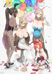 Rule 34 | 2023, 4girls, absurdres, akane (blue archive), akane (bunny) (blue archive), animal ears, armpits, arms up, ass, asuna (blue archive), asuna (bunny) (blue archive), backless leotard, balloon, bare arms, bare back, bare legs, bare shoulders, black-framed eyewear, black footwear, black hair, blue archive, blue bow, blue bowtie, blue eyes, blue leotard, blush, bow, bowtie, breasts, brown shawl, chinese zodiac, cleavage, closed mouth, colored tips, confetti, covered navel, dark-skinned female, dark skin, detached collar, double v, eyes visible through hair, fake animal ears, fuji (rua-258), full body, glasses, gloves, gradient hair, grin, hair over one eye, halo, happy new year, heel up, high heels, highleg, highleg leotard, highres, indian style, jacket, karin (blue archive), karin (bunny) (blue archive), knees together feet apart, large breasts, legs, leotard, leotard under clothes, light brown hair, long hair, looking at viewer, medium breasts, mole, mole on breast, multicolored hair, multiple girls, neru (blue archive), neru (bunny) (blue archive), new year, off shoulder, on stool, open clothes, open jacket, pantyhose, playboy bunny, ponytail, purple hair, rabbit, red eyes, red footwear, red leotard, shawl, sideways glance, silver footwear, simple background, sitting, small breasts, smile, standing, standing on one leg, stool, thighs, v, very long hair, white background, white footwear, white gloves, white leotard, white pantyhose, year of the rabbit, yellow eyes