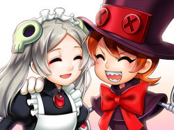 Rule 34 | 2girls, apron, bloody marie (skullgirls), bow, bowtie, brooch, dress, closed eyes, gloves, hair ornament, hand on another&#039;s shoulder, happy, hat, jewelry, ko-on (ningen zoo), kohn-nz, long hair, maid, maid apron, maid headdress, mechanical arms, multiple girls, open mouth, orange hair, peacock (skullgirls), ribbon, sharp teeth, short hair, skull, skull hair ornament, skullgirls, smile, teeth, top hat, twintails, white hair