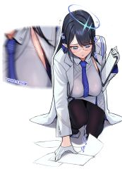 Rule 34 | 1girl, absurdres, asymmetrical bangs, bad id, bad pixiv id, black hair, black pantyhose, blue archive, blue eyes, blue necktie, blurry, blush, breasts, clipboard, collared shirt, earrings, flying sweatdrops, full body, glasses, gloves, half gloves, halo, highres, holding, holding clipboard, jacket, jewelry, kneeling, large breasts, long hair, looking down, necktie, on one knee, open clothes, open jacket, pantyhose, papers, parted lips, pointy ears, rimless eyewear, rin (blue archive), shirt, simple background, skirt, sleeveless, sleeveless shirt, sweatdrop, white background, white gloves, white jacket, white shirt, white skirt, yani (nokori life1), zoom layer