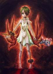 Rule 34 | 1girl, barefoot, breath of fire, breath of fire v, chiran (trx), dress, full-body tattoo, green eyes, green hair, hair over one eye, highres, matching hair/eyes, nina (breath of fire v), red wings, see-through, short hair, solo, staff, tattoo, wings
