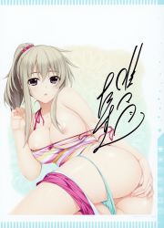 Rule 34 | 1girl, absurdres, ass, covering privates, covering ass, highres, iizuki tasuku, looking at viewer, naruse nono, niizuma lovely x cation, nipples, panties, panty pull, ponytail, scan, simple background, solo, underwear