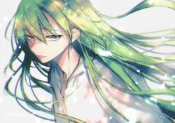 Rule 34 | 1other, androgynous, enkidu (fate), fate/grand order, fate/strange fake, fate (series), green hair, light green hair, long hair, looking at viewer, morino bambi, other focus, purple eyes, robe, white robe