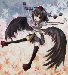 1girl bad_id bad_pixiv_id black_thighhighs black_wings female_focus foreshortening geta hat leaf looking_at_viewer maple_leaf open_mouth red_eyes shameimaru_aya smile smirk solo tengu-geta thighhighs tokin_hat touhou wings yagi_(sinnsyou) zettai_ryouiki