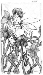 Rule 34 | 1girl, :d, anal, ass, blush, border, breasts, consensual tentacles, double penetration, fairy, fairy wings, flower, from behind, graphite (medium), greyscale, handjob, harumachi nagaaki, looking back, monochrome, multiple penetration, nipples, nude, open mouth, original, penis, pointy ears, short hair, sketch, small breasts, smile, solo, sweat, tentacles, tentacle sex, tentacles, thighhighs, traditional media, vaginal, wet, wings
