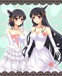 Rule 34 | 10s, 2girls, black hair, breasts, cleavage, dress, elbow gloves, flower, fusou (kancolle), gloves, hair ornament, highres, jewelry, kantai collection, large breasts, long hair, multiple girls, open mouth, red eyes, ring, sakura umi, short hair, smile, very long hair, wedding band, wedding dress, wedding ring, yamashiro (kancolle)