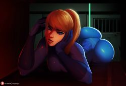 Rule 34 | 1girl, ass, blonde hair, blue bodysuit, blue eyes, bodysuit, breasts, commentary, english commentary, head rest, huge ass, laser, lips, long hair, lying, medium breasts, metroid, mole, mole under mouth, morganagod, nintendo, nose, on stomach, patreon username, ponytail, samus aran, skin tight, solo, swept bangs, thick eyebrows, ventilation shaft, zero suit