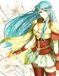 Rule 34 | 1girl, aqua eyes, aqua hair, arm at side, armor, bracelet, breastplate, cape, cowboy shot, delsaber, earrings, eirika (fire emblem), female focus, fingerless gloves, fire emblem, fire emblem: the sacred stones, floral background, flower, gloves, gold armor, holding, holding rapier, holding sword, holding weapon, jewelry, legs, lily (flower), long hair, looking at viewer, matching hair/eyes, neck, nintendo, parted lips, pauldrons, rapier, red gloves, red shirt, red thighhighs, serious, shirt, short sleeves, shoulder armor, skirt, solo, standing, sword, thighhighs, weapon, white skirt, yellow armor, zettai ryouiki