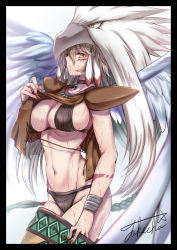 Rule 34 | 1girl, animal helmet, arm tattoo, bangle, bikini, bird, black border, blonde hair, border, bracelet, braid, breasts, brown bikini, brown choker, brown shirt, choker, cleavage, clothes pull, collarbone, commentary request, cowboy shot, crop top, duel monster, eagle, feathered wings, feathers, fingernails, groin, guardian eatos, hair between eyes, headdress, highres, jewelry, large breasts, long fingernails, long skirt, looking at viewer, midriff, nail polish, navel, parted lips, print skirt, profile, red nails, shirt, short hair, shoulder pads, sidelocks, signature, simple background, skirt, skirt pull, sleeveless, sleeveless shirt, solo, standing, sweat, swimsuit, takecha, tattoo, undressing, white background, wings, yellow eyes, yellow skirt, yu-gi-oh!