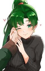 Rule 34 | 1boy, 1girl, absurdres, blush, fire emblem, green eyes, green hair, hand on another&#039;s face, heart, heart-shaped pupils, highres, lyn (fire emblem), nintendo, one eye closed, ormille, ponytail, simple background, solo focus, sweater, symbol-shaped pupils, turtleneck, white background