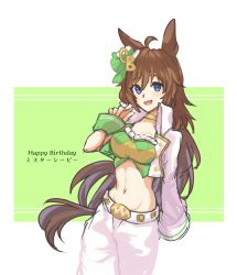 Rule 34 | 1girl, :d, ahoge, animal ears, ao (jiyou), blue eyes, bow, breasts, brown hair, character name, choker, commentary request, cowboy shot, crop top, green bow, green shirt, groin, hair between eyes, happy birthday, hat, hat bow, highres, horse ears, jacket, long hair, long sleeves, looking at viewer, medium breasts, midriff, mini hat, mini top hat, mr. c.b. (umamusume), navel, open clothes, open jacket, open mouth, pants, shirt, smile, solo, standing, stomach, strapless, strapless shirt, tail, top hat, translated, umamusume, very long hair, white hat, white jacket, white pants, wrist cuffs, yellow choker