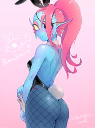 Rule 34 | 1girl, absurdres, animal ears, artist name, ass, bare shoulders, blue skin, colored sclera, colored skin, commentary, dated, eyepatch, fake animal ears, fingernails, fins, fishnet pantyhose, fishnets, from behind, hair over one eye, head fins, highres, leotard, long hair, looking at viewer, noah (tettsui-sole), pantyhose, pink background, pink hair, playboy bunny, ponytail, rabbit ears, rabbit tail, simple background, slit pupils, solo, tail, undertale, undyne, yellow sclera
