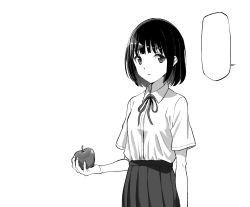 Rule 34 | 1girl, apple, blank speech bubble, breasts, closed mouth, collared shirt, commentary request, dress shirt, food, fruit, greyscale, hasisisissy, highres, holding, holding food, holding fruit, looking at viewer, monochrome, neck ribbon, original, pleated skirt, ribbon, school uniform, shirt, short hair, short sleeves, simple background, skirt, small breasts, solo, speech bubble, white background
