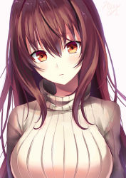 Rule 34 | 1girl, alternate costume, arms at sides, artist name, bad id, bad twitter id, beige background, blush, breasts, brown hair, closed mouth, fate/grand order, fate (series), hair between eyes, highres, large breasts, light smile, long hair, looking at viewer, okotoburi, ribbed sweater, scathach (fate), signature, simple background, solo, sweater, turtleneck, upper body