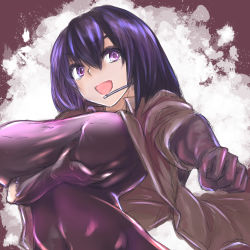 Rule 34 | 1girl, grabbing another&#039;s breast, breasts, character request, female focus, grabbing, grabbing own breast, gradient background, headset, highres, huge breasts, jacket, kojima (blue stardust), large breasts, long hair, magnolia:zero -schoolgirl agent-, open mouth, punching, purple eyes, purple hair, skin tight, smile, solo