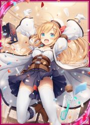 Rule 34 | 1girl, akkijin, alchemist (shinkai no valkyrie), biohazard symbol, blonde hair, blue eyes, boots, box, clothes lift, coat, confetti, frilled skirt, frills, gloves, gluteal fold, indoors, jumping, official art, shinkai no valkyrie, skirt, skirt lift, solo, thighhighs