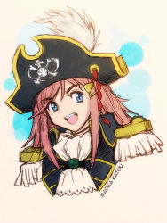 Rule 34 | 1girl, :d, blue eyes, character name, ascot, epaulettes, hair ornament, hairclip, hat, hat feather, katou marika, long hair, miniskirt pirates, open mouth, pink hair, pirate, pirate hat, portrait, skull and crossbones, smile, solo, teeth, zero hime