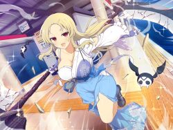 Rule 34 | 1girl, armor, bat (animal), belt pouch, blonde hair, blue hakama, blush, boots, breasts, cleavage, collarbone, floral print, frilled kimono, frills, gessen academy uniform, gloves, hair ornament, hairclip, hakama, holding, holding scythe, indoors, japanese armor, japanese clothes, kimono, kote, large breasts, light particles, long hair, looking at viewer, mole, mole under mouth, motion lines, muneate, official alternate costume, official art, pillar, pouch, red eyes, school emblem, scythe, senran kagura, senran kagura new link, senran kagura shinovi versus, shiki (senran kagura), sign, skull, smile, solo, sparkle, subway, subway station, tongue, torn clothes, torn hakama, torn kimono, white kimono, yaegashi nan