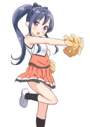 Rule 34 | 1girl, absurdres, anima yell!, arima hizume, bare shoulders, black socks, blue eyes, blue hair, blush, cheerleader, dot nose, female focus, highres, holding, holding pom poms, legs, long hair, looking at viewer, open mouth, outstretched arm, pom pom (cheerleading), pom poms, shoes, socks, solo, standing, standing on one leg, warukusu