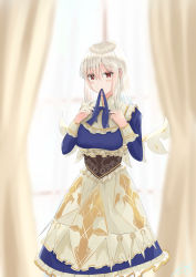 Rule 34 | 108 (serra), 1girl, absurdres, blue neckwear, blue ribbon, blush, breasts, day, frills, hair between eyes, highres, indoors, long sleeves, looking at viewer, maid, mouth hold, red eyes, ribbon, sennen sensou aigis, serra (sennen sensou aigis), sidelocks, smile, solo, standing, white hair, window