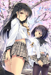Rule 34 | 2girls, ass, bad id, bad pixiv id, black footwear, black hair, black socks, blouse, blush, bow, bowtie, breasts, brown eyes, cherry blossoms, closed mouth, commentary request, covering privates, covering ass, day, hair bow, hair tie, hand on own chest, highres, kneehighs, kobayashi chisato, long hair, long sleeves, looking at viewer, looking back, multiple girls, open mouth, original, outdoors, panties, panties under pantyhose, pantyhose, petals, plaid, plaid bow, plaid skirt, pleated skirt, sailor collar, school uniform, serafuku, shirt, shoes, side ponytail, skirt, small breasts, socks, stairs, standing, standing on one leg, tree, underwear, white shirt, wind, wind lift, yellow neckwear