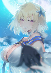 Rule 34 | 1girl, ahoge, archetype earth, arcueid brunestud, backlighting, bad id, bad pixiv id, bare shoulders, black gloves, blonde hair, blue flower, blurry, blurry background, blurry foreground, breasts, cleavage, depth of field, detached sleeves, dress, fate/grand order, fate (series), flower, full moon, gloves, grin, hair flower, hair ornament, halter dress, halterneck, hand up, highres, holding hands, large breasts, light blush, looking at viewer, looking to the side, medium hair, moon, moonlight, night, night sky, noto kurumi, outdoors, pink eyes, pov, pov hands, short hair, sky, sleeveless, sleeveless dress, smile, solo focus, teeth, tsukihime, twitter username, upper body, white dress