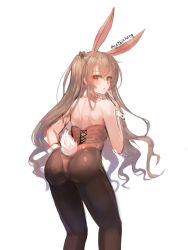 Rule 34 | 1girl, :o, absurdres, animal ears, ass, black bow, black pantyhose, blush, bow, brown eyes, brown hair, fake animal ears, from behind, girls&#039; frontline, hair between eyes, hair bow, hand to own mouth, highres, leotard, looking back, open mouth, panties, pantyhose, playboy bunny, rabbit ears, rabbit girl, rabbit tail, red leotard, solo, tail, twitter username, two side up, ump45 (girls&#039; frontline), underwear, white background, wrist cuffs, zonekiller10