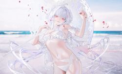 Rule 34 | 1girl, absurdres, ahoge, bare shoulders, beach, bikini, breasts, cleavage, closed mouth, collarbone, commentary request, expressionless, falling petals, fate/grand order, fate/prototype, fate (series), feet out of frame, flower, frilled bikini, frilled swimsuit, frills, highres, holding, holding umbrella, lady avalon (fate), lady avalon (second ascension) (fate), long hair, looking at viewer, medium breasts, merlin (fate/prototype), navel, official alternate costume, parai0, parasol, petals, red eyes, red flower, sky, solo, swimsuit, thighs, umbrella, very long hair, white bikini, white hair, white umbrella