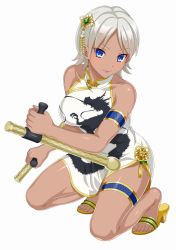 Rule 34 | 1girl, armlet, blue eyes, china dress, chinese clothes, cle masahiro, dark skin, dark-skinned female, dragon print, dress, dual wielding, feet, full body, hair ornament, highres, holding, holding weapon, looking at viewer, official art, patti runt, short hair, short sleeves, silver hair, sleeveless, smile, solo, thighlet, toes, tonfa, valkyrie drive, valkyrie drive -siren-, weapon, white background