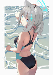 Rule 34 | 1girl, absurdres, animal ear fluff, animal ears, ass, blue archive, blue eyes, breasts, competition swimsuit, cowboy shot, cross hair ornament, extra ears, from behind, grey hair, hair ornament, halo, highres, medium hair, mismatched pupils, one-piece swimsuit, sametogoreijou, shiroko (blue archive), shiroko (swimsuit) (blue archive), sideboob, solo, standing, swimsuit, water