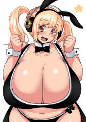 Rule 34 | 1girl, animal ears, blonde hair, bow, bowtie, breasts, cleavage, detached collar, female focus, gigantic breasts, happy, headphones, komusou (jinrikisha), long hair, looking at viewer, navel, nitroplus, rabbit ears, red eyes, simple background, smile, solo, super pochaco, twintails, w arms, white background, wrist cuffs