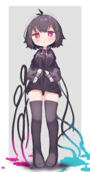 Rule 34 | 1girl, absurdres, antenna hair, asymmetrical wings, black dress, black hair, black thighhighs, blue wings, breasts, bright pupils, center frills, chii (tsumami tsumamare), commentary, dress, frills, full body, grey background, highres, houjuu nue, long sleeves, looking at viewer, medium breasts, pink eyes, pink wings, short hair, simple background, solo, standing, thighhighs, touhou, white pupils, wings