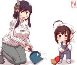 Rule 34 | 2girls, :3, aged down, ahoge, alternate costume, bandana, black hair, blue eyes, braid, broom, cleaning, dated, denim, dustpan, full body, hair ornament, hair over shoulder, highres, holding, holding dustpan, jeans, kanon (kurogane knights), kantai collection, kneeling, logo, long hair, looking at viewer, multiple girls, overalls, pants, red eyes, ribbed sweater, shigure (kancolle), short hair, simple background, single braid, standing, sweater, white background, white sweater, yamashiro (kancolle)