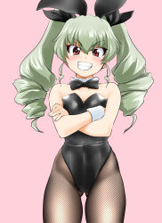 Rule 34 | 1girl, absurdres, anchovy (girls und panzer), animal ears, black bow, black bowtie, black leotard, black pantyhose, bow, bowtie, breasts, brown eyes, cleavage, commentary request, cowboy shot, crossed arms, detached collar, drill hair, fishnet pantyhose, fishnets, girls und panzer, gluteal fold, green hair, grin, highres, leotard, long hair, looking at viewer, medium breasts, nanao futaba, pantyhose, pink background, playboy bunny, rabbit ears, simple background, smile, solo, strapless, strapless leotard, twin drills, twintails, wrist cuffs