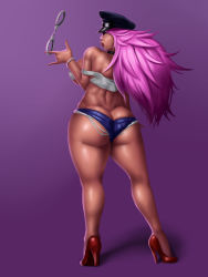 Rule 34 | 1girl, artist request, ass, breasts, butt crack, cuffs, handcuffs, high heels, large breasts, lips, poison (final fight), purple hair, solo, tagme, thick thighs, thighs