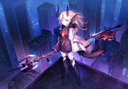 Rule 34 | 1girl, arknights, black footwear, black gloves, black sweater, blonde hair, blue eyes, boots, building, cityscape, dragon girl, dragon horns, dragon tail, flame-tipped tail, full body, gloves, highres, holding, holding polearm, holding spear, holding weapon, horns, jacket, knee boots, long hair, looking at viewer, open clothes, open jacket, polearm, reed (arknights), skyscraper, solo, spear, standing, sweater, tail, flame-tipped tail, weapon, white jacket, wind, zxcould23