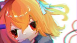 Rule 34 | 1girl, a.i. voice, absurdres, adachi rei, blurry, cable, chromatic aberration, close-up, film grain, hair between eyes, hair ribbon, highres, looking at viewer, medium hair, one side up, orange eyes, orange hair, portrait, ratechi, ribbon, solo, utau, white background